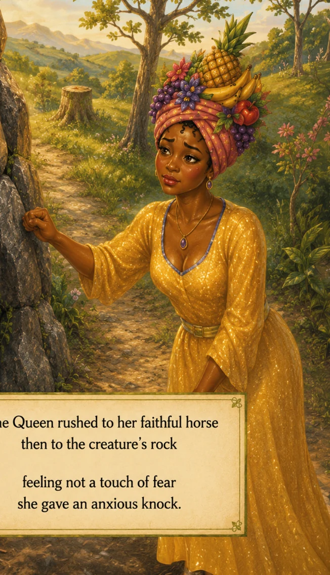 The queen approaching a mysterious rocky cave on a tropical shore