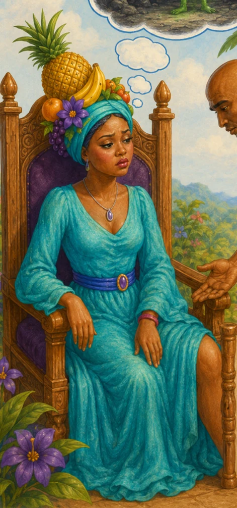 The Cocoa Queen in a green dress and an elaborate fruit headdress, seated on her wooden throne